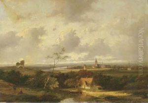 A Panoramic River Landscape With A Town In The Distance by Jan Evert Morel