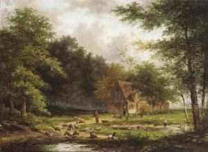 Shepherd And His Flock In A Wooded Landscape by Jan Evert Morel