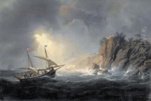 Sturmische Kustenpartie Mit Segelschiffen. by Antoine Leon Morel-Fatio