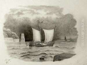 Chaloupe Sardiniere. Dessin A La Mine Deplomb Monogramme En Bas A Gauche. 12x17 Cm