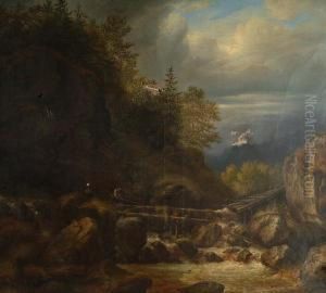 Alpine River Landscape With Two Figures by Carl Morgenstern