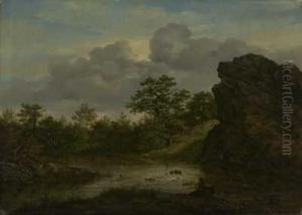 Felsvorsprung Mit Teich Und Rastendem Reisigsammler - view 1