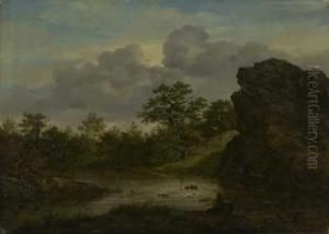 Felsvorsprung Mit Teich Und Rastendem Reisigsammler by Carl Morgenstern