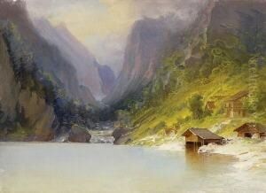 Gebirgssee Mit Bauern- Und
 Bootshausern.