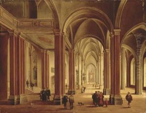 The Interior Of A Gothic Cathedral With Elegant Figures by Johann Ludwig Ernst Morgenstern