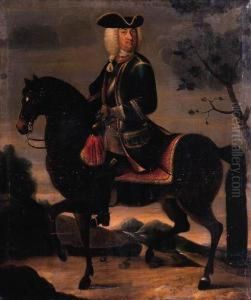 An Equestrian Portrait Of A
Military Commander, In A Blue Coat Witha Breast Plate And A Tricorn by David Morier