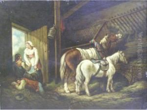 Interior Of A Stable With Horses And Figures Interior Of A Stable With Horses And Figures