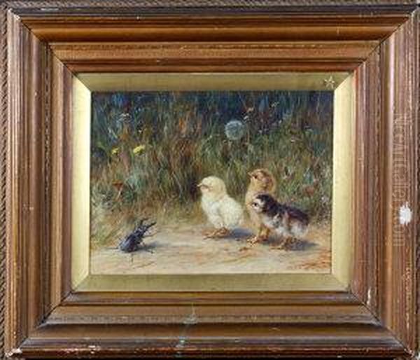 "a Suspect" - Three Chicks Inspecting A Stag Beetle - view 1