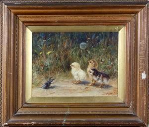 "a Suspect" - Three Chicks Inspecting A Stag Beetle by Robert Morley