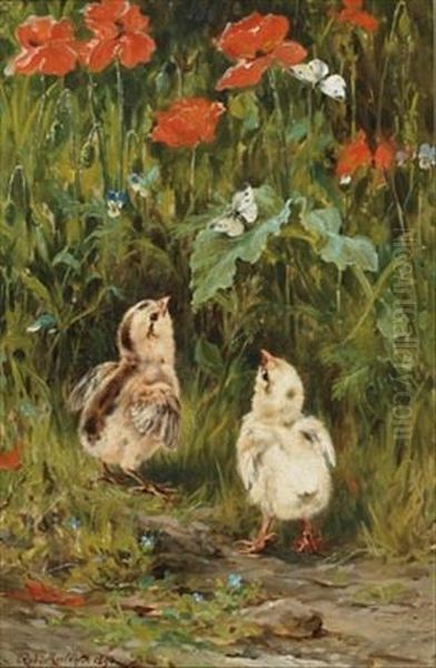 Chicks And Butterflies Amongst Poppies - view 1