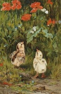 Chicks And Butterflies Amongst Poppies by Robert Morley