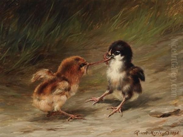 Two Chicks With A Worm - view 1