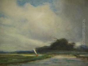 "wroxham, Norfolk Broads" River Landscape With Sailing Dingy