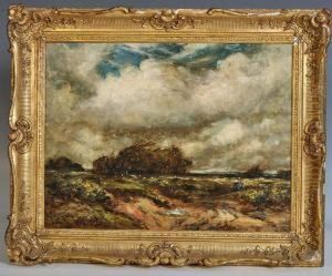 A Winter Coastal Landscape With
Sheep Grazing And A Figure Travelling Towards A Cottage In A Horse And
Cart by Thomas William Morley