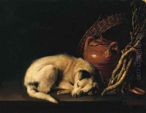 A Sleeping Dog Beside a Terracotta Jug, a Basket, and a Pile of Kindling Wood by Gerrit Dou