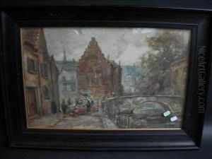 Continental Market Scene Watercolour Signed Lower Left 39cm X 60cm