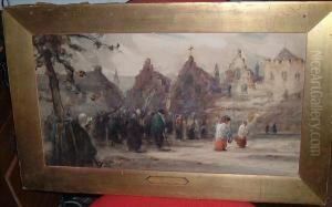 A Dutchstreet Scene With A Procession Of Figures by Thomas William Morley