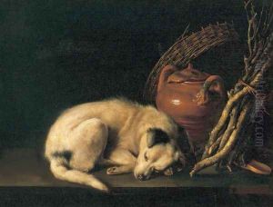 Sleeping Dog With Terracotta Jug Basket And Kindling Wood by Gerrit Dou