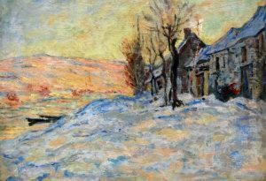 Cottages In The Snow By A Frozen River Shore