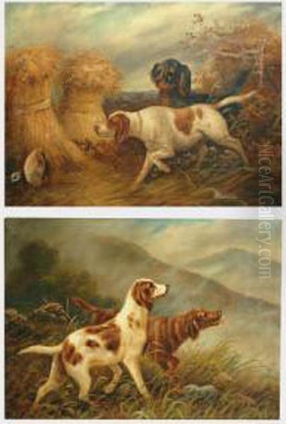 Irish Setter And Red Setter Beside A Loch And Corn Sheafs - view 1