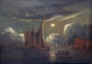 Moonlight Scene With Fishing Smacks At Moorings