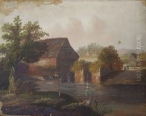 Figures Fishing From A Boat By A Watermill