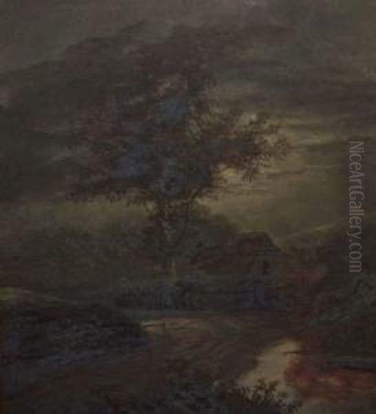 Moonlit Landscape With Cottage - view 1