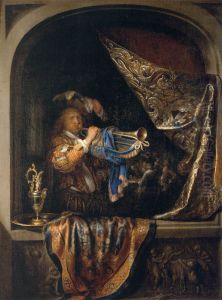 Trumpet-Player in front of a Banquet by Gerrit Dou