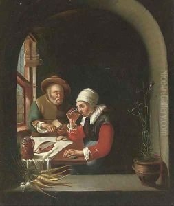 A couple eating and drinking at a casement