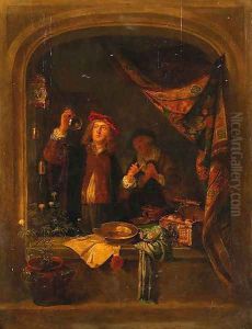 A Quack Standing Small Three Quarter Length At A Draped Stone Window Inspecting The Urine Of A Woman Standing Nearby