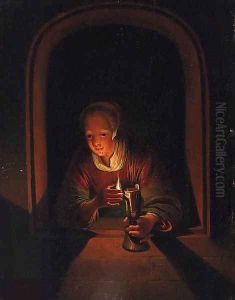 A young woman at a casement with a lamp A young woman at a casement with a lamp