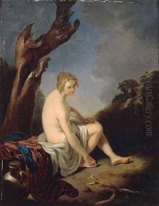 A nymph seated at the foot of a tree, in a landscape by Gerrit Dou