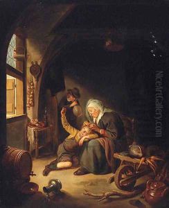 A woman de-lousing a boy in an interior