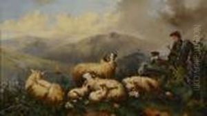 Shepherd With Highland Sheep by John Morris