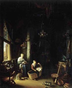 A mother and child in an interior by Gerrit Dou