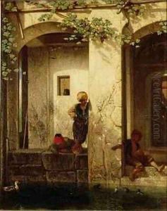 Turkish Children with Ducks or Turkish Children near a Fountain