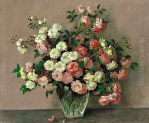 Pink And White Roses In A Vase On A Table