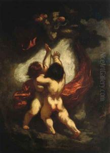 Two Cupids with Red Drapery by Honore Daumier
