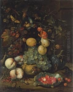 Figs, Plums, Grapes, Peaches, 
Redcurrants And A Pumpkin, With A Lettuce Leaf Filled With Wild 
Strawberries, A Newt, A Butterfly, Ants And Snails On A Ledge