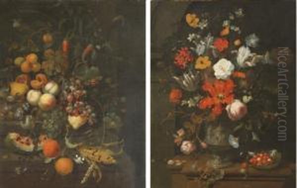 Tulips, Roses, Carnations, 
Lilies And Other Flowers In A Sculpted Vase Depicting Venus And Cupid, 
Strawberries In A Cabage Leaf, Other Berries And A Snail, All On A Stone
 Ledge; And Oranges, A Watermelon, Plums, Peaches, A Pear, A 
Pomegranate, Pep - view 1