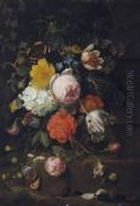 Peonies, Tulips, Roses And Other
 Flowers On A Ledge With A Snail, A Beetle And A Butterfly by Jan Mortel