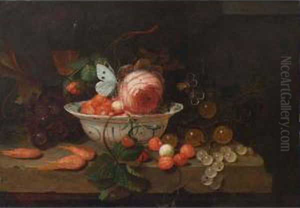 A Stil Life With A Porcelain 
Bowl With Strawberries, A Rose And A Butterfly, A Wineglass, Grapes, 
Prawns, Gooseberries, All On A Stone Ledge - view 1