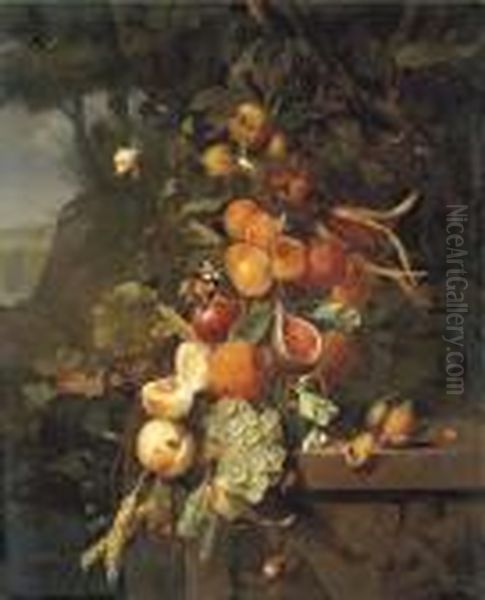 Peaches, Apricots, Grapes,
Oranges, Blackberries, Sheafs Of Corn And A Pomegranate On A Plinth With
A Sculpted Relief, With Butterflies, A Snail And A Ladybird, In A
Mountainous Landscape - view 1