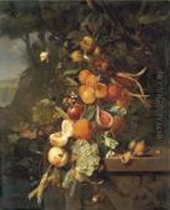 Peaches, Apricots, Grapes, 
Oranges, Blackberries, Sheafs Of Corn And A Pomegranate On A Plinth With
 A Sculpted Relief, With Butterflies, A Snail And A Ladybird, In A 
Mountainous Landscape