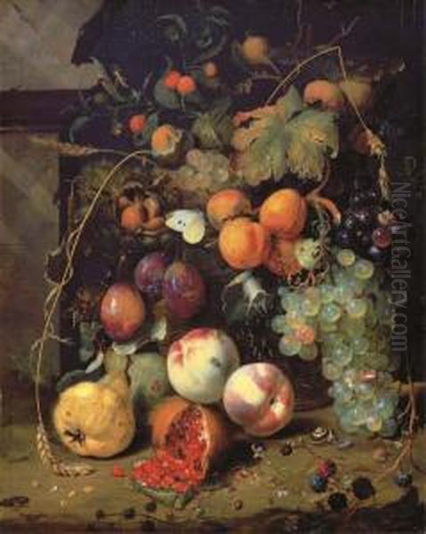 Peaches, Plums, Apricots, 
Grapes, Pears, Blackberries, Sheafs Ofcorn, Chestnuts, Walnuts, Medlars,
 Cherries And A Pomegranate Witha Snail, A Butterfly, A Grasshopper And A
 Caterpillar By Aplinth - view 1