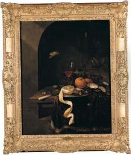 Still Life Of A Wine Glass With
Oranges, Grapes, Oysters, Nuts And A Peeled Lemon Upon A Pewter Plate,
Arranged On A Ledge Draped With A Brown Cloth Within A Stone Niche - view 1
