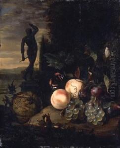 Peaches, Grapes, Plums And A
Melon With A Red Admiral And A Moth Bya Tree Trunk, A Statue In A Formal
Garden Beyond by Jan Mortel
