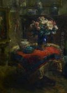 Stilleven Met Bloemenvaas In Het Atelier Van De Kunstenaar. by Frans Mortelmans