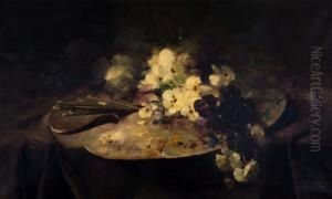 Stilleven Met Schilderspalet En Bloemen by Frans Mortelmans