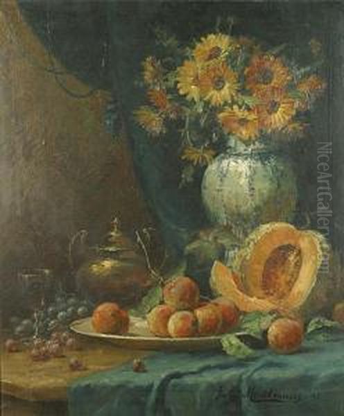 Stilleven Met Bloemen, Perziken, Meloen En Koperen Koffiepot - view 1
